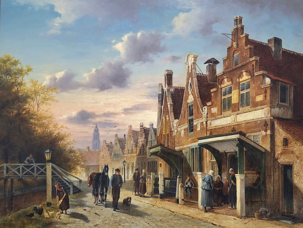 Fred Arends (1949) - Gezicht op Makkum (Friesland) met vele figuren #2.1