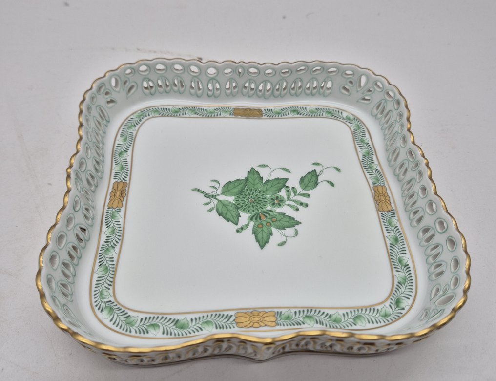 Herend - Piatto quadrato reticolato - Centre de table - Apponyi Fleurs  - Porcelaine - Bouquet chinois vert #1.0