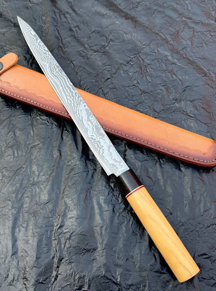 Μαχαίρι κουζίνας -  Μαχαίρι κουζίνας - Damascus 10/95 15N20, σεφ μαχαίρι, χειροποίητα μαχαίρια, τυχαίο μοτίβο, ξύλο ASH. - ξύλο - Ασία #1.0
