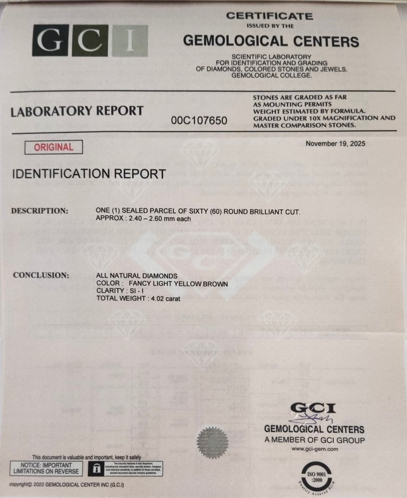 没有保留价 - 60 pcs 钻石  (天然色彩的)  - 4.02 ct - 圆形 - Fancy light 黄色 棕色 - I1 内含一级, SI1 微内含一级 - 以色列宝石中心（G.C.I.） #2.1
