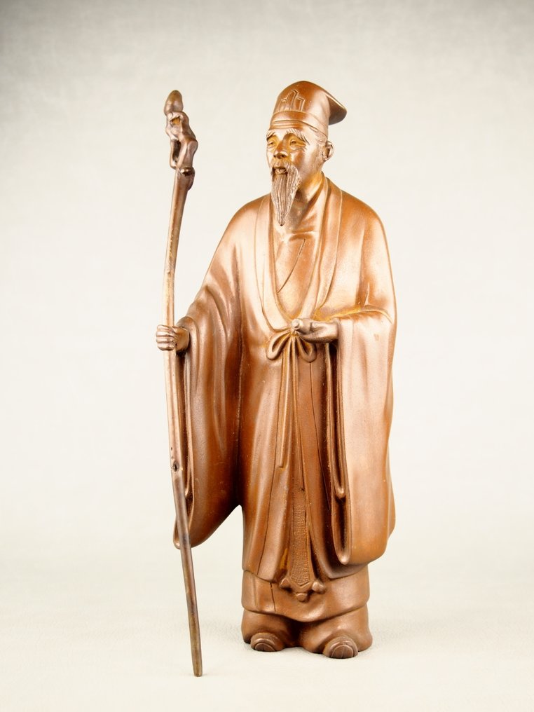 黄铜色 - Hidemine 秀峰 - 寿老人雕像，七福神之一 - Shōwa period (1926-1989) #1.0