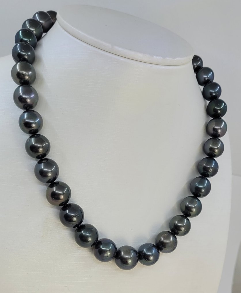 项链 - 14K包金 白金, ALGT 认证黑色大溪地珍珠 - 11.0x13.2毫米 #1.0