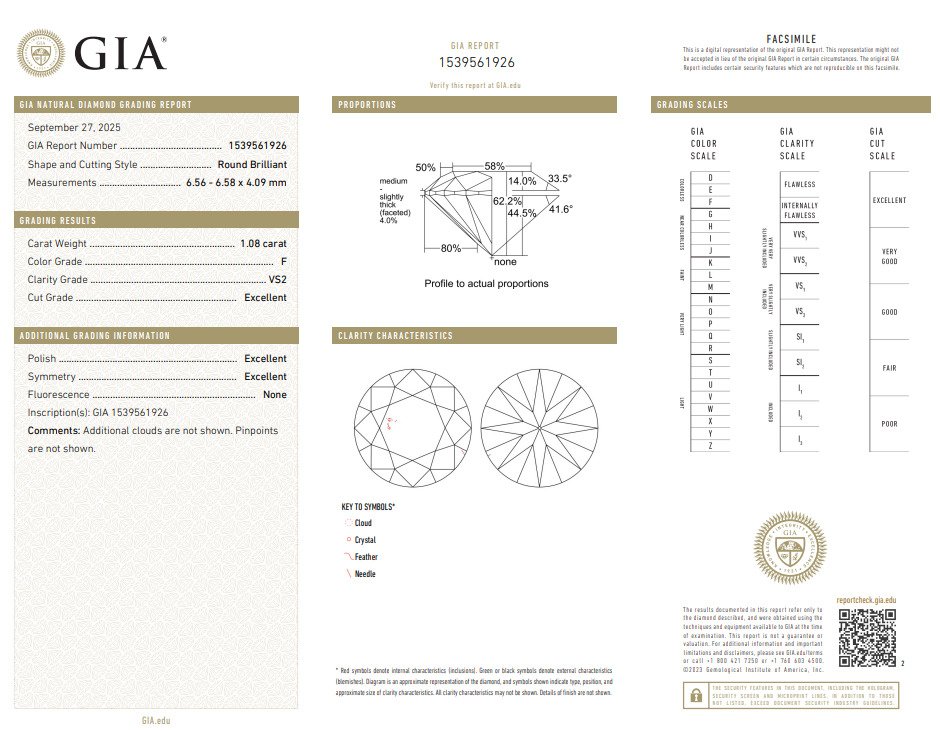 1 pcs 钻石  (天然)  - 1.08 ct - 圆形 - F - VS2 轻微内含二级 - 美国宝石研究院（GIA） #3.2