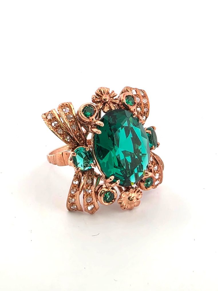 Fără preț de rezervă - Inel - 9 kt. Aur roz, Argint Smarald - Diamant #1.0