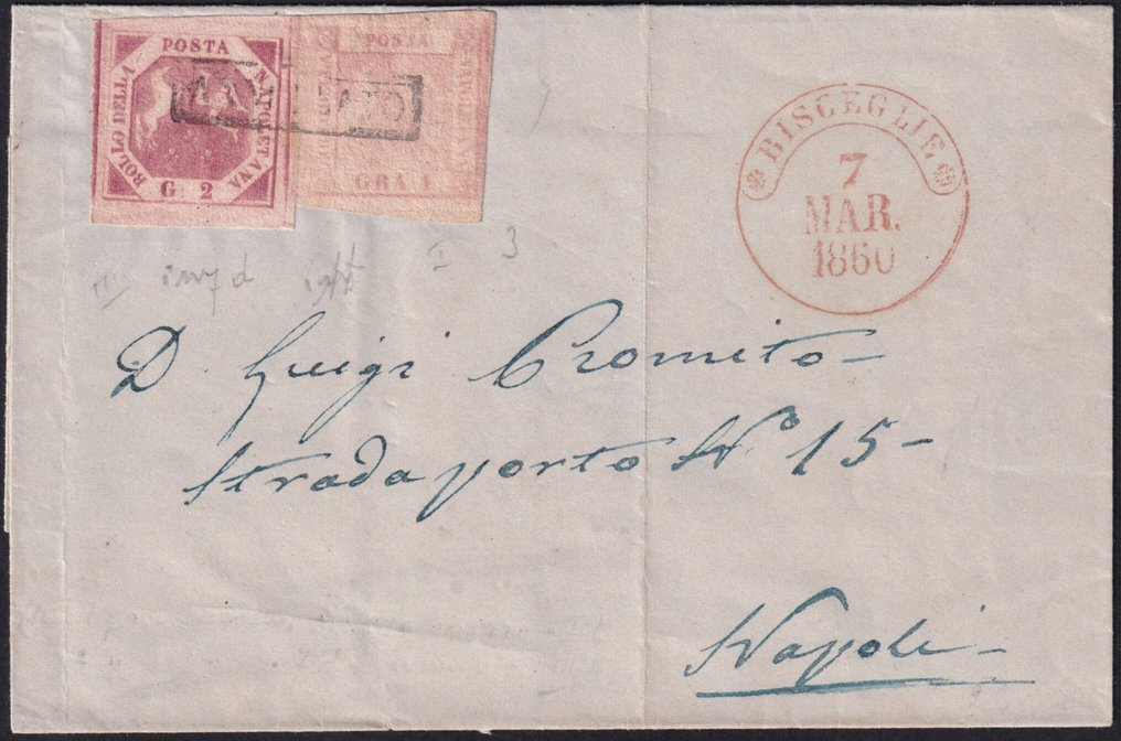 Italian Ancient States - Naples 1860 - 7 Mar 1 gr. I^ Tav. + 5 gr. III^ Tav. Sass 3+7e on dust jacket from Bisceglie for Napoli Spl. #1.0