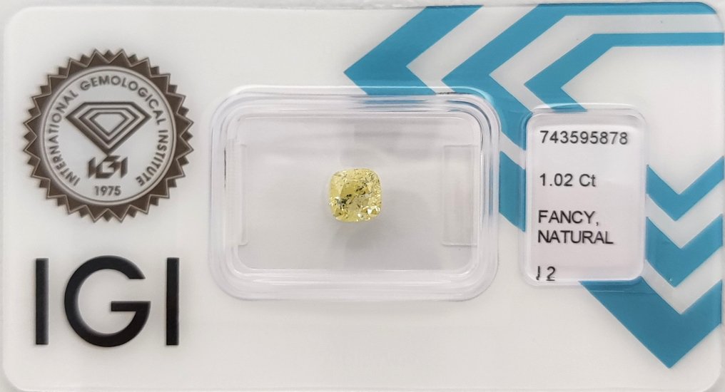 没有保留价 - 1 pcs 钻石 (天然色彩的) - 1.02 ct - 枕形 - Fancy 黄色 - I2 内含二级 - 国际宝石研究院(IGI) #1.0
