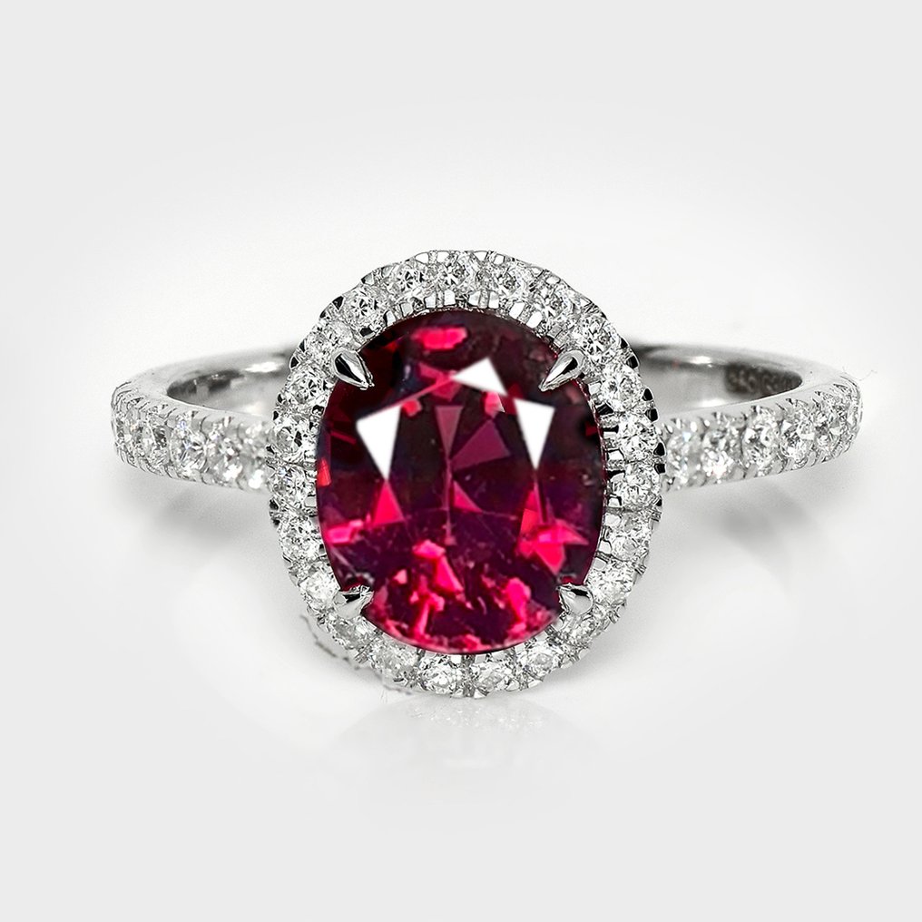 没有保留价 - 订婚戒指 - 14K包金 白金, HRD 3.15 克拉 未处理的紫红色 -  3.59ct. tw. 石榴石 - 钻石 #1.0
