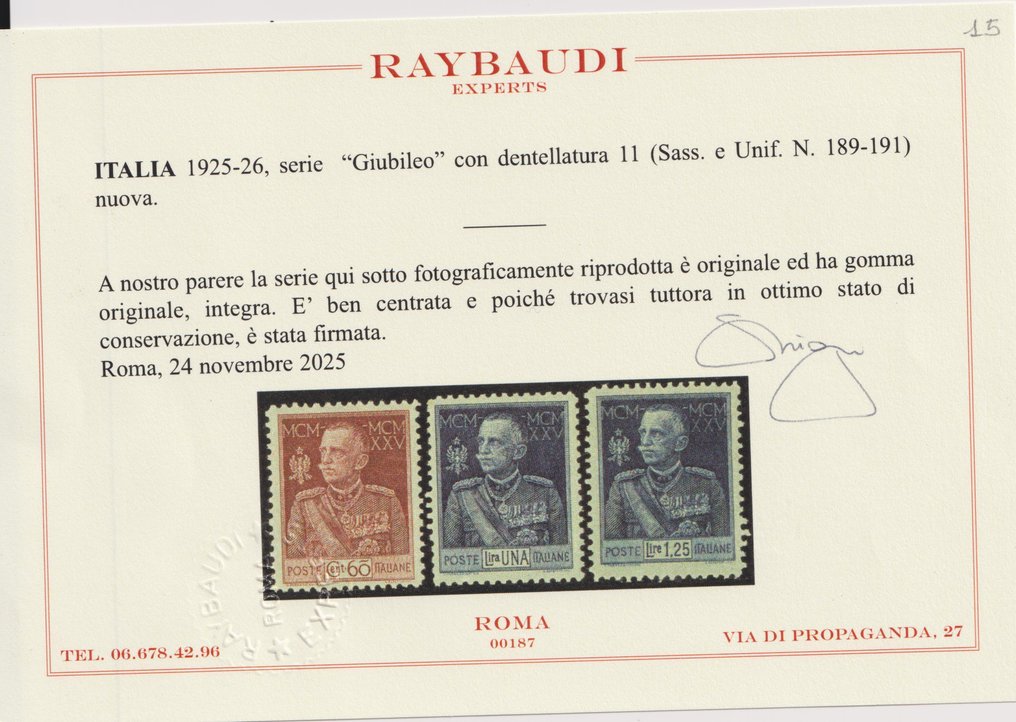 Ιταλία Βασίλειο 1925/1926 - Γιουβιέλο του Βασιλιά, πιστοποίηση 11 MNH Raybaudi, άριστη κεντράρισμα. - sassone 189-191 #1.0