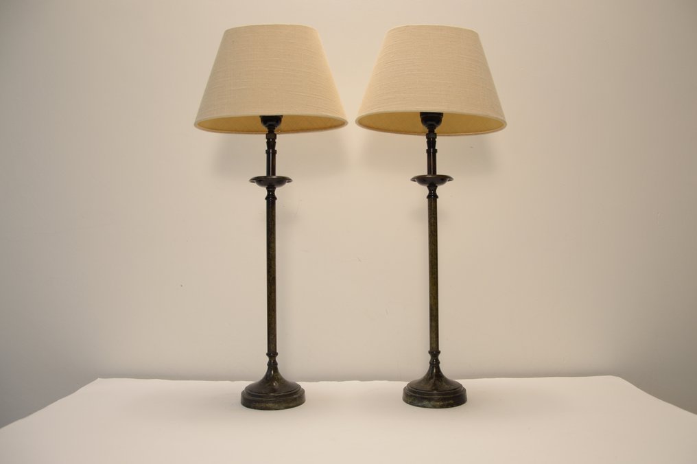 Tischlampe (2) - Paar neoklassischer Tischlampen - Metall, Leinen #4.3