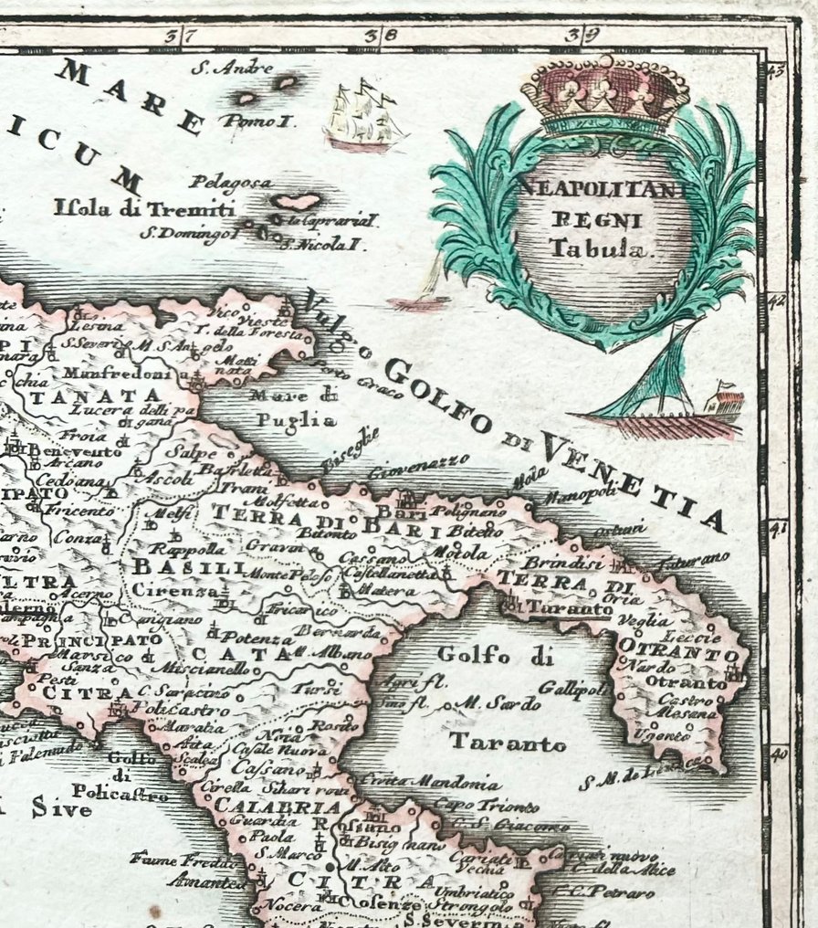 Italy - Kingdom of Naples, Campania, Calabria, Apulia, Basilicata, Abruzzo, Molise, Sicily; A.D. Zürner / J. C. Weigel - Neapolitani Regni Tabula. - 1701-1720 #2.1