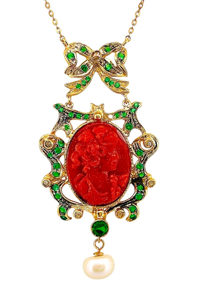 Zonder minimumprijs - Halsketting - 9 kt. Geel goud, Zilver Smaragd - Koraal #3.2