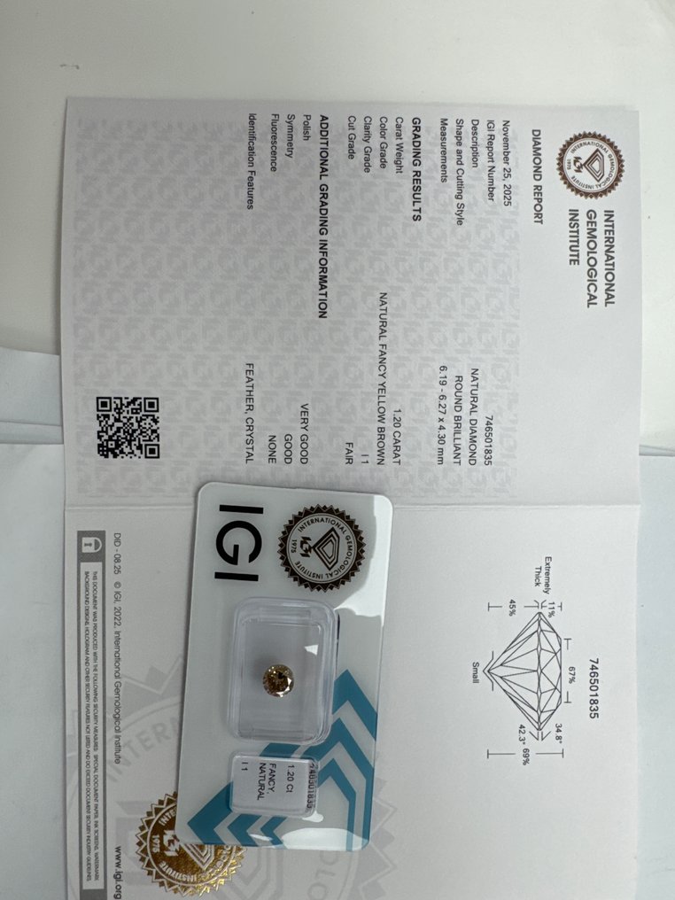 Ei pohjahintaa - 1 pcs Timantti  (Luonnonvärinen)  - 1.20 ct - Pyöreä - Fancy Keltainen, Ruskea - I1 - Kansainvälinen gemologinen instituutti (IGI) #1.0