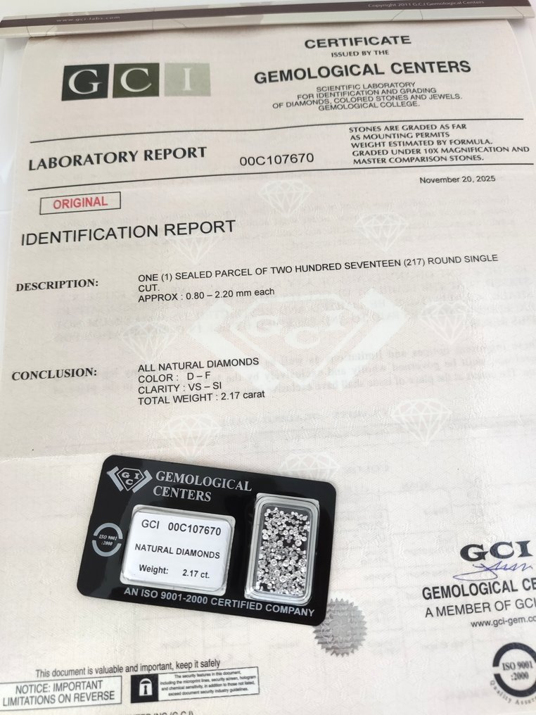 没有保留价 - 217 pcs 钻石  (天然)  - 2.17 ct - 圆形 - D (无色), F - VS1 轻微内含一级, SI1 微内含一级 - 以色列宝石中心（G.C.I.） - 单次切割 #1.0