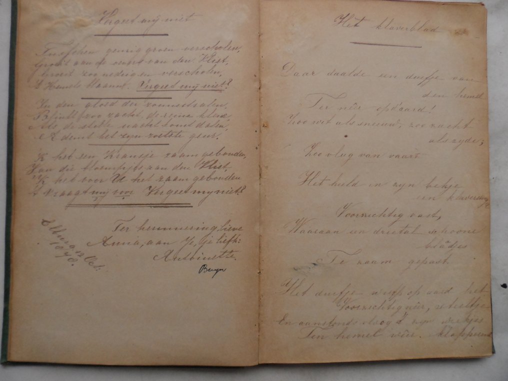 A.M.H. van Winsum e.a. Elburg / Breda e.a. - 2 oude poëziealbums 1878 en 1881 in groen en licht bruin bestempelde linnen banden met opdruk in 8o - 1878-1881 #4.3