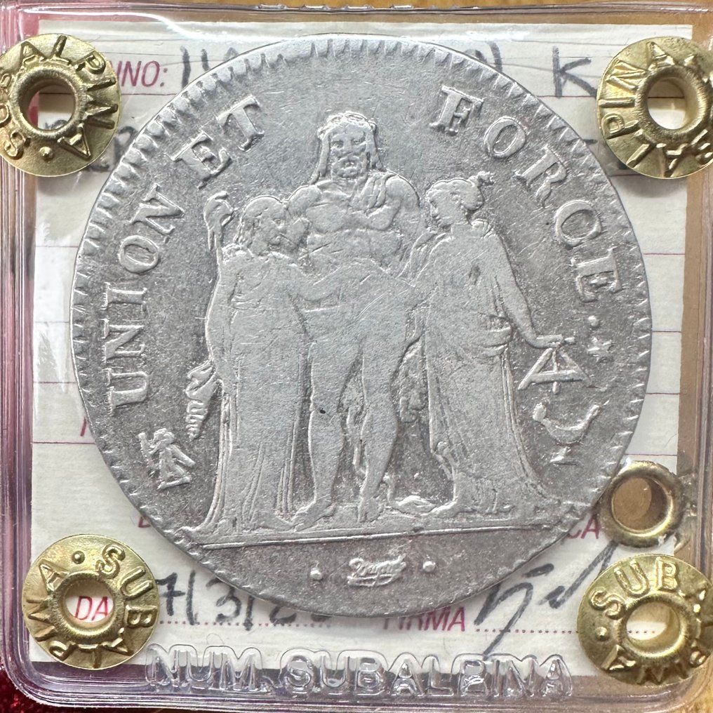 Ranska. Directoire (1795-1799). 5 Francs An 8-K Union et Force #1.0