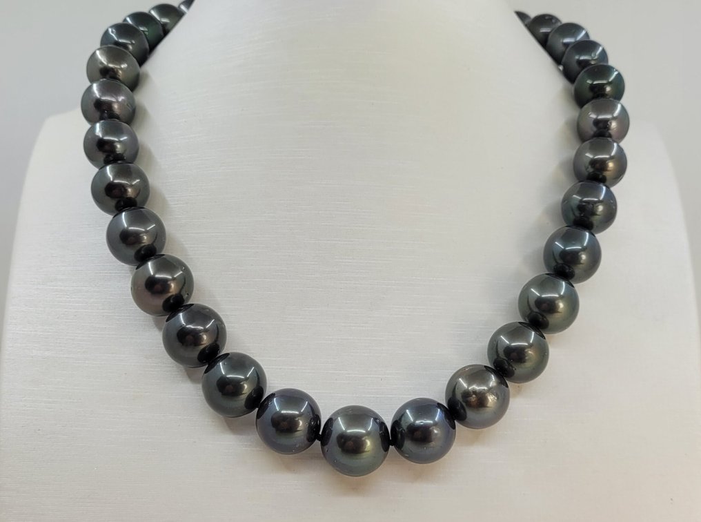 项链 - 14K包金 白金, ALGT 认证黑色大溪地珍珠 - 11.0x13.2毫米 #1.0