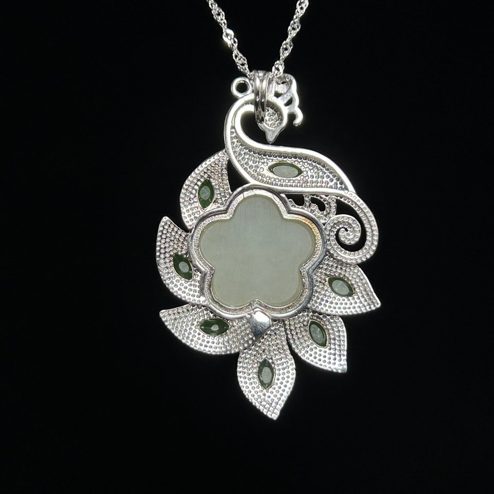 Intaglio, Jade inlay S925 silver pendant and necklace - 45 mm - Giada nephrite certificata #4.3