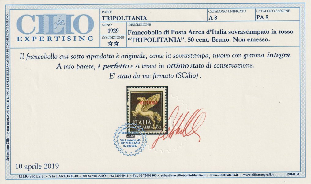 意大利的黎波里塔尼亚殖民地 1930 - 佩加索空邮50克，布鲁诺·萨斯，8整，MNH**，证书Cilio Spl #1.0