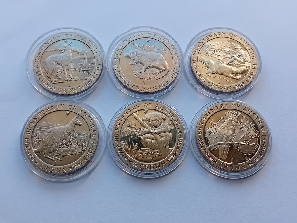 Isla de Man (dependencia de la Corona). Crown 1988, set of 6 coins, Commemorates the 200th anniversary of the landing of the First Fleet in  (Sin precio de reserva) #2.1