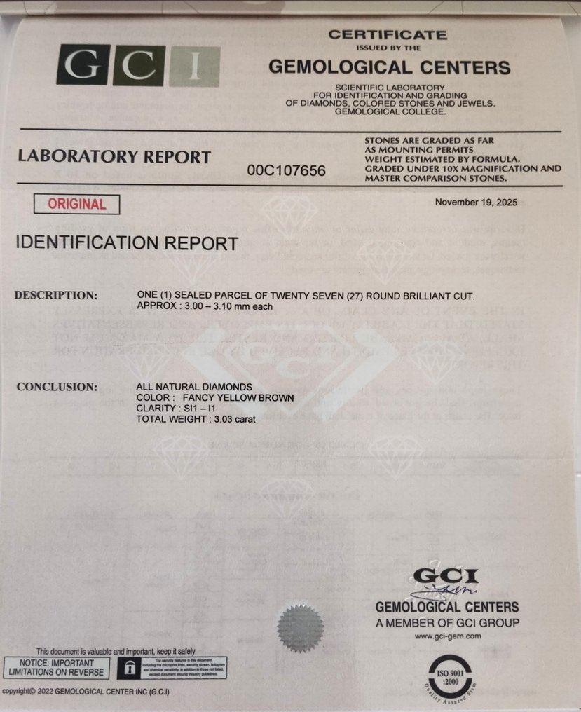 没有保留价 - 27 pcs 钻石  (天然色彩的)  - 3.03 ct - 圆形 - Fancy 黄色 棕色 - SI1 微内含一级, I1 内含一级 - 以色列宝石中心（G.C.I.） #2.1