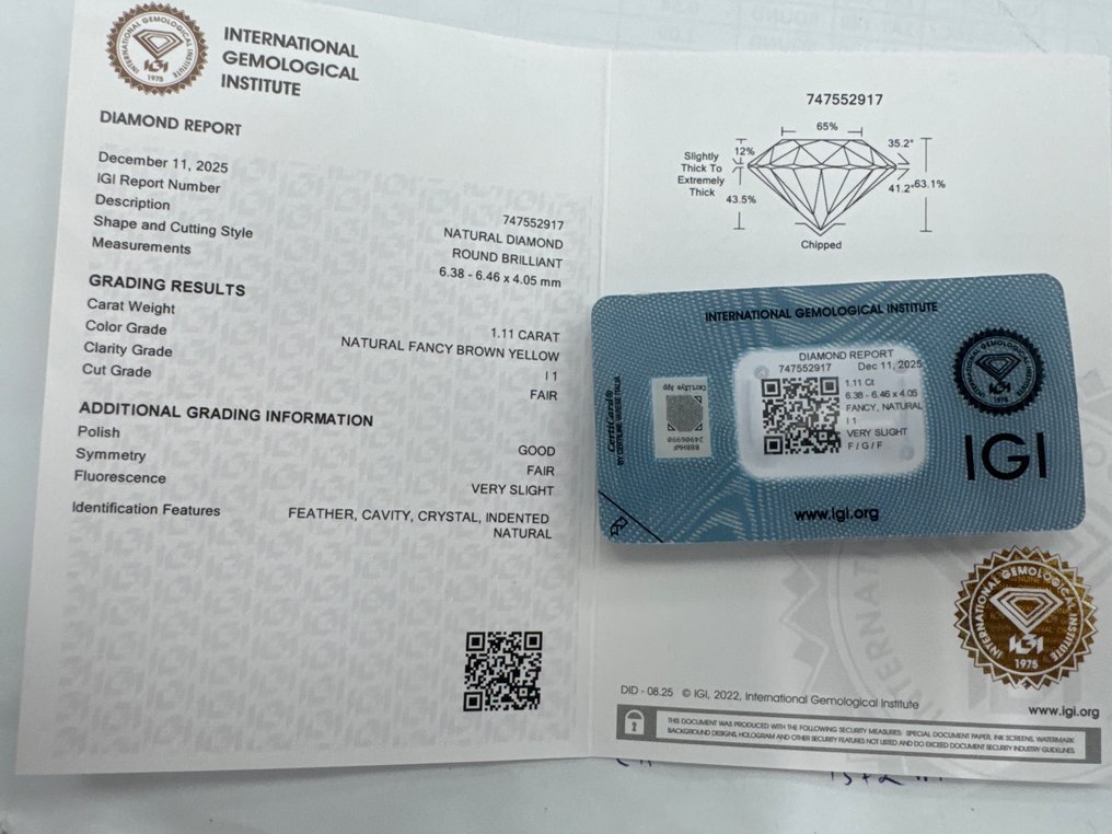 Zonder minimumprijs - 1 pcs Diamant  (Natuurlijk gekleurd)  - 1.11 ct - Rond - Fancy Bruin, Geel - P1 - International Gemological Institute (IGI) #3.2