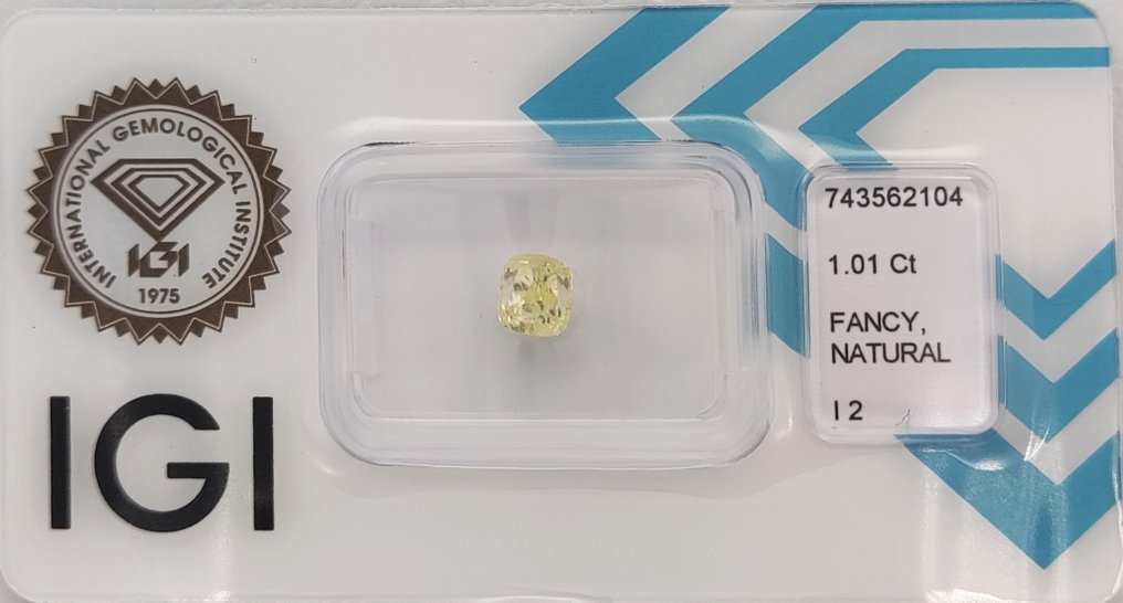 χωρίς τιμή ασφαλείας - 1 pcs Διαμάντι (Φυσικού χρώματος) - 1.01 ct - Κούσιον - Fancy Κίτρινο - I2 - International Gemological Institute (IGI) #1.0