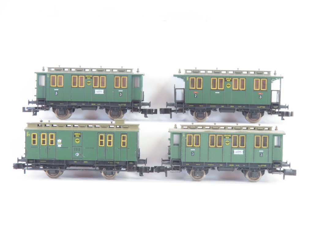 Fleischmann N - 8052K/8057K/8058K/8059K - Personvagn för modelltåg (4) - 4x 2-axlad passagerarvagn, 2:a/3:e klass och 3:e klass inklusive bagagevagn - DRG #1.0