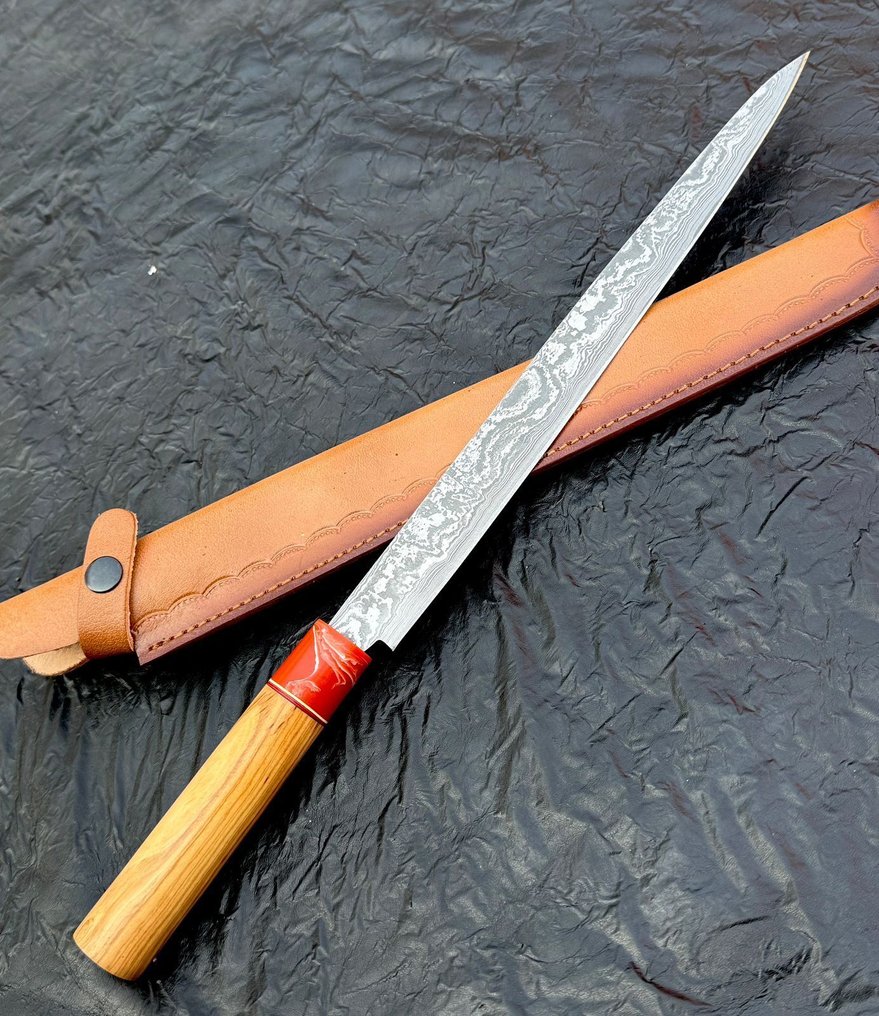 廚刀 -  厨房刀 - 大马士革 10/95 15N20 厨师刀 手工刀具，随机花纹，ASH 木材 - 木材 - 亞洲 #1.0