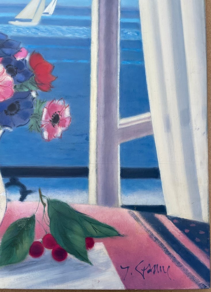 Yves Ganne (1931-2019) - Bouquet de fleurs en Bord de Mer - Voilier - Marine (Vendu sans prix de reserve) #4.3