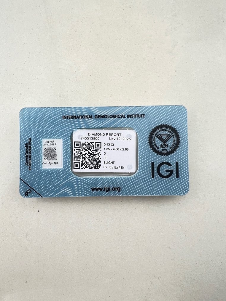 Ei pohjahintaa - 1 pcs Timantti  (Luonnollinen)  - 0.43 ct - Pyöreä - D (väritön) - IF - Kansainvälinen gemologinen instituutti (IGI) #2.1