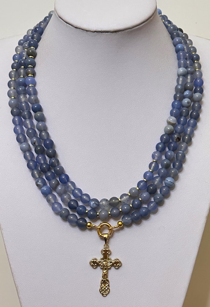 秘鲁天然蓝色欧泊配天主十字架。健康守护者，带来好运。 - 吊坠项链 - 925纯银扣子。 #1.0