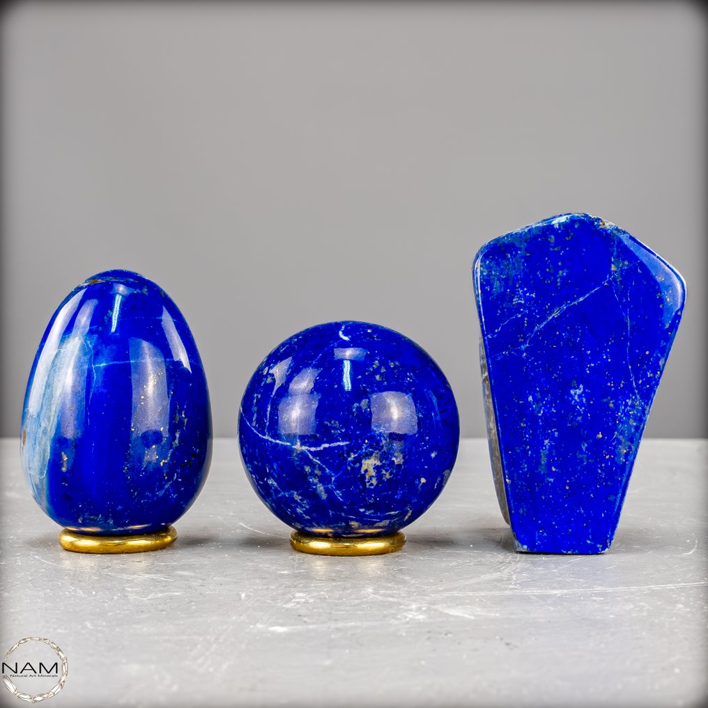 Φυσικό σετ Lapis Lazuli – αυγό, σφαίρα και ελεύθερο σχήμα. Μοναδικό τρίο- 656.71 g - (3) #2.1