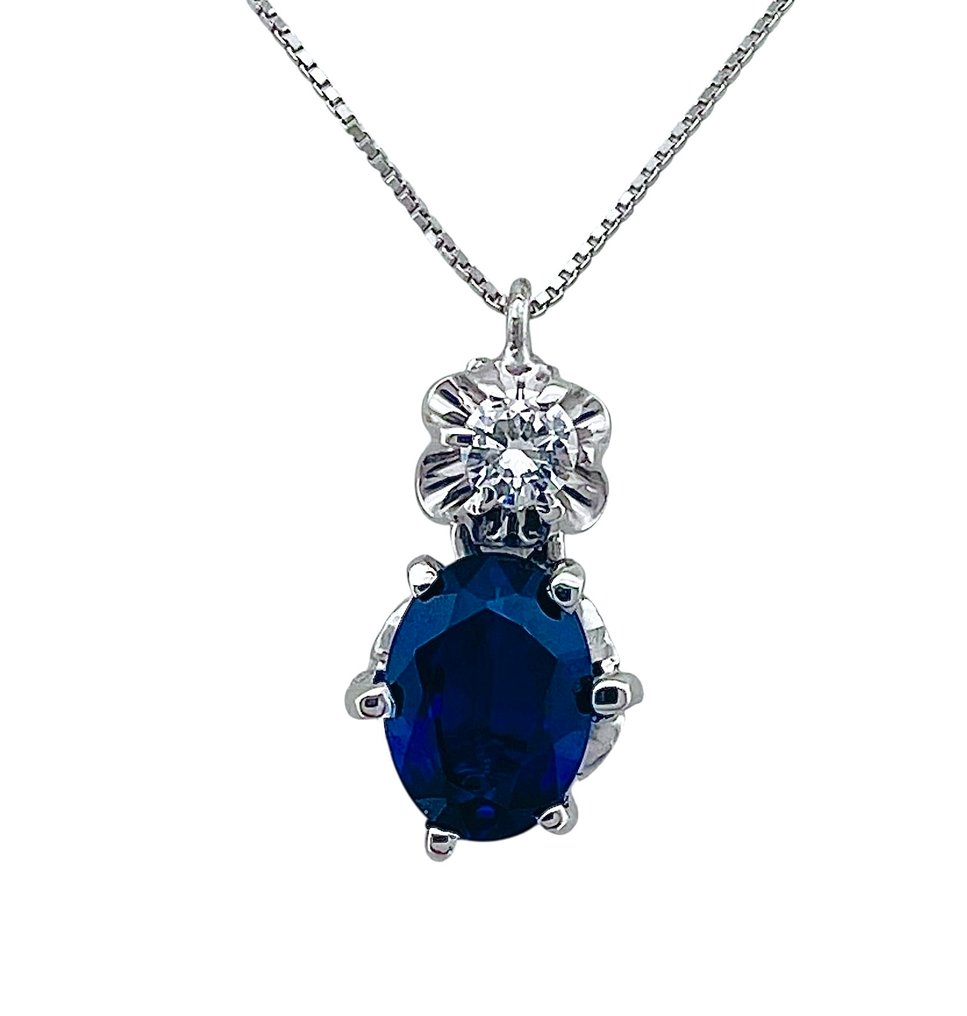 χωρίς τιμή ασφαλείας - Κολιέ - 18 καράτια Λευκός χρυσός Ζαφείρι - Διαμάντι #1.0