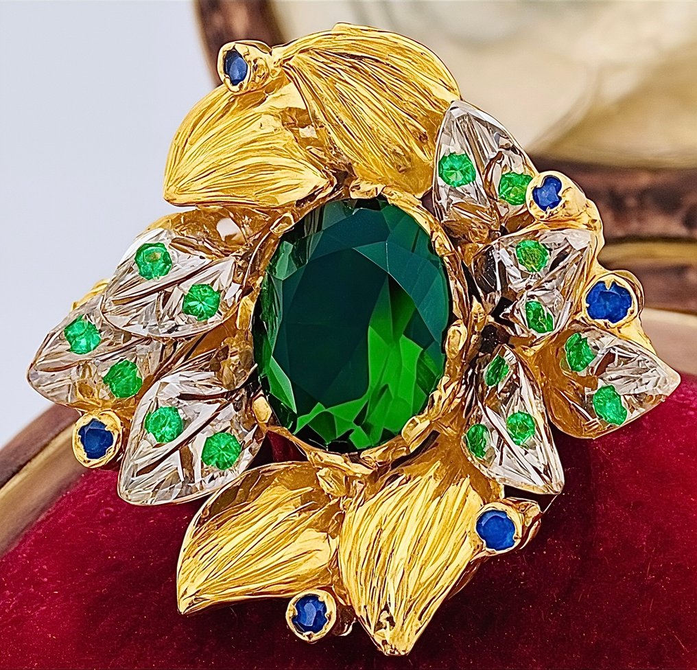 χωρίς τιμή ασφαλείας - Δαχτυλίδι - 9 kt. Κίτρινο χρυσό, Ασημί Σμαράγδι - Ζαφείρι #2.1