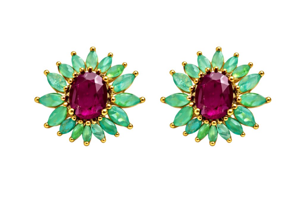 χωρίς τιμή ασφαλείας - Σκουλαρίκια Ασημί, Gold-plated, 18 καρατίων. Ρουμπίνι - Σμαράγδι - 10,80 kt. #1.0