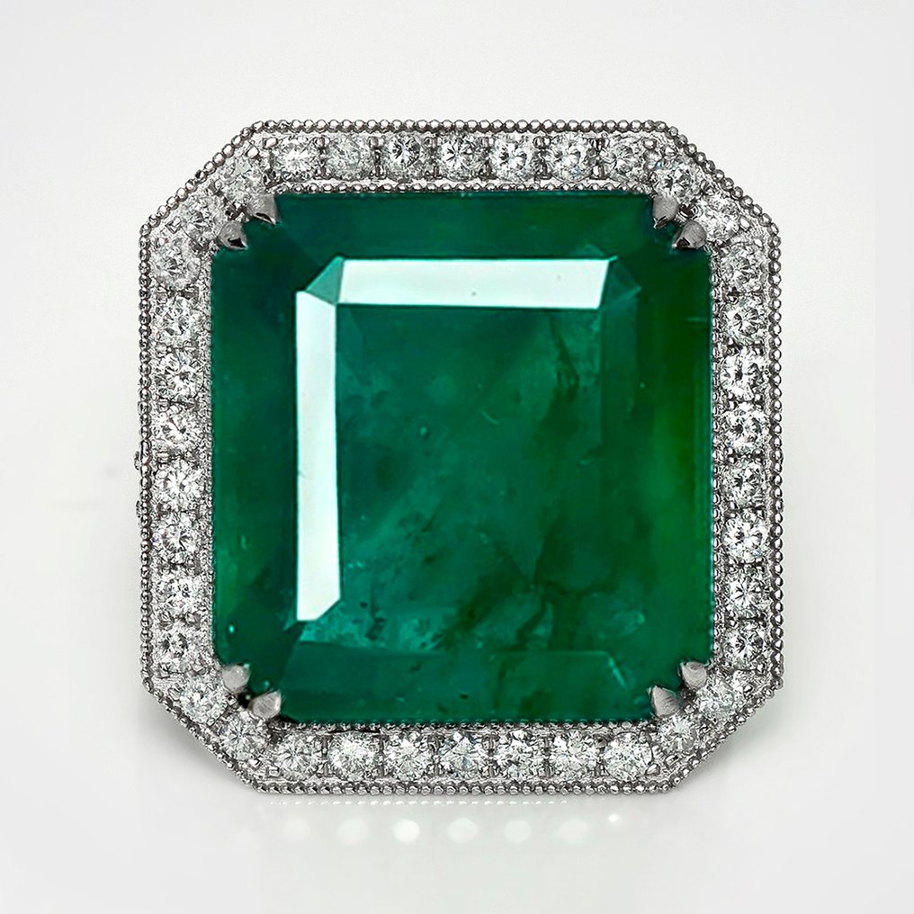 χωρίς τιμή ασφαλείας - Δαχτυλίδι - 14 καράτια Λευκός χρυσός, IGI 15.90 ct Zambia Μικρότερη Ελαιωμένη Έντονη Πράσινη -  17.31ct. tw. Σμαράγδι - Διαμάντι #1.0