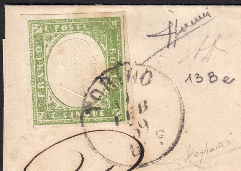 意大利古城邦-撒丁岛 1859 - 从都灵到奥瓦达的17/2/59信件，用5号绿色和黄色邮票邮寄，印刷有瑕疵。 - Sassone n. 13Be #1.0