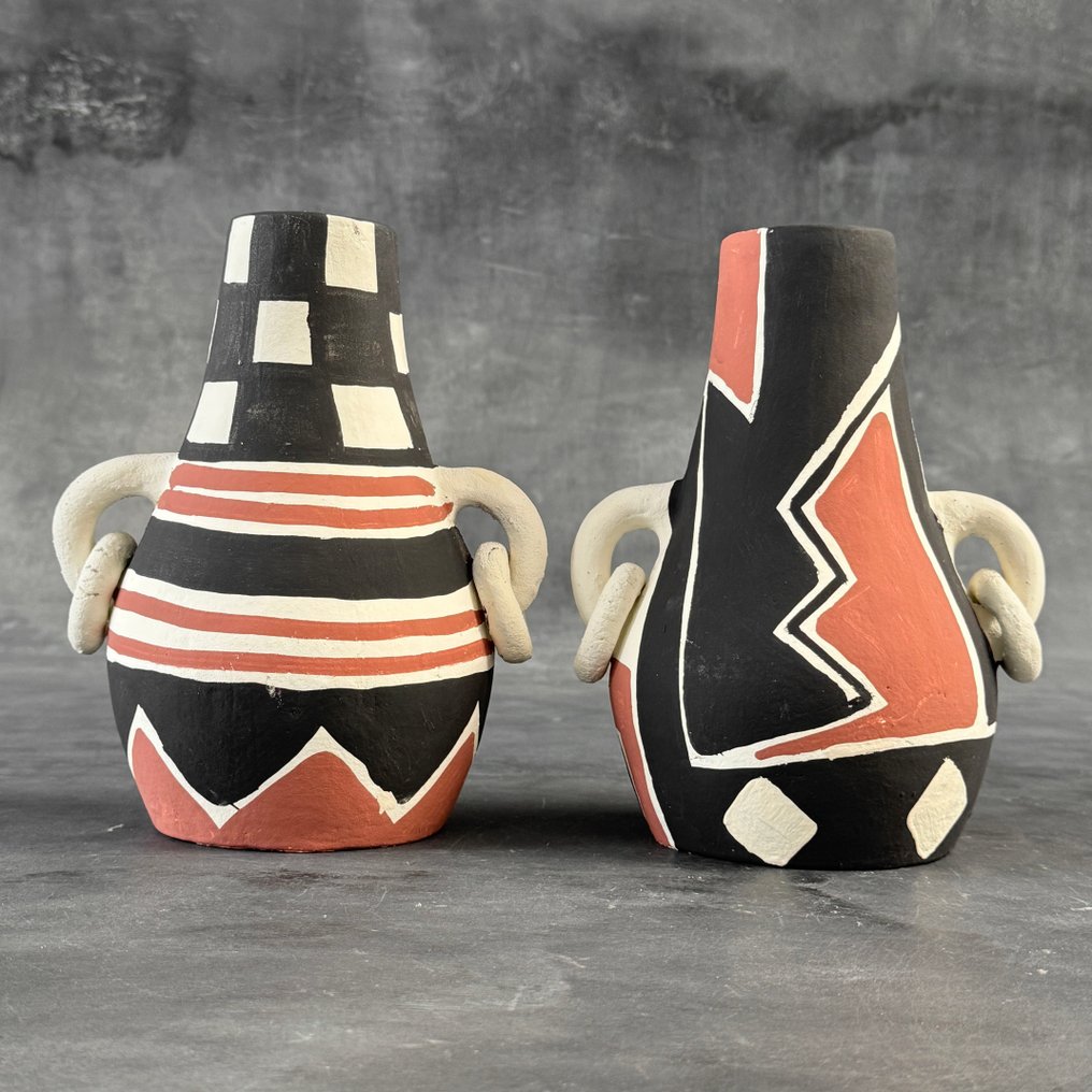 Decorative ornament (2) - NO RESERVE PRICE -Wonderful Pair of Colorful Terracotta Pot - Indonesia #2.1