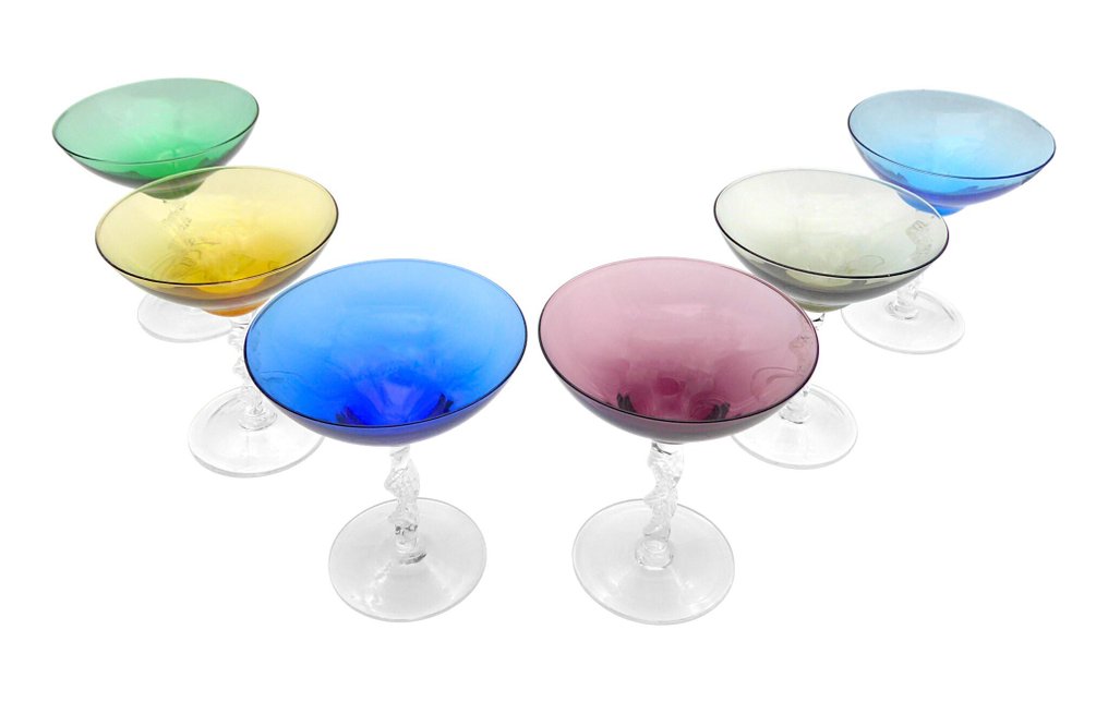 Κολονάτο ποτήρι σαμπάνιας - 6x πολύχρωμα ποτήρια με στύλο στριφτό και νήματα αέρα. - σε Vetro Soffiato a Mano - Αντίκες δεκαετίας του 1950. #1.0