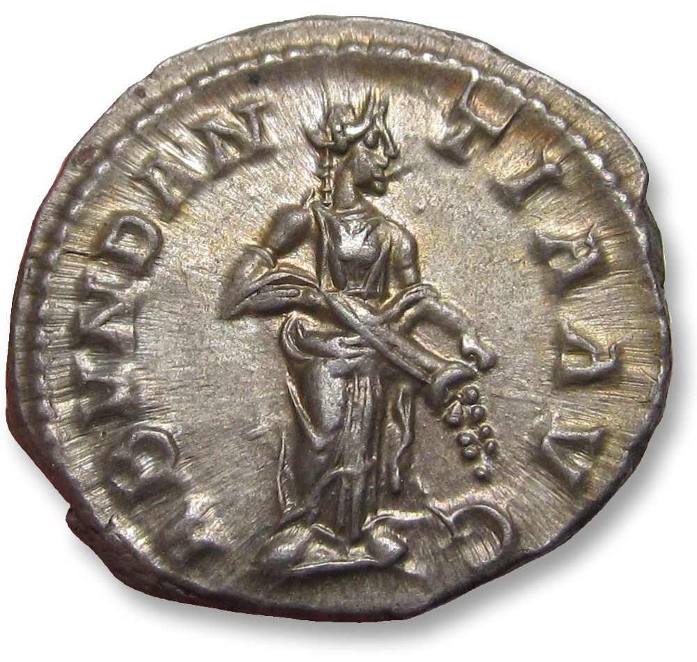 Imperio romano. Alejandro Severo (222-235 e. c.). Denarius Rome mint circa 229 A.D. - ABVNDANTIA AVG - superb coin with great toning! #1.0