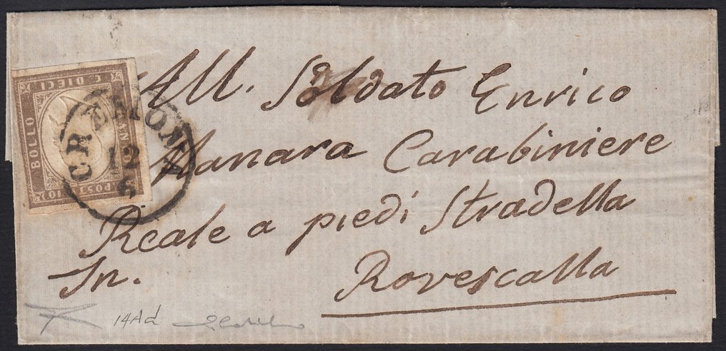 意大利古城邦-撒丁岛 1859 - 来自克雷莫纳的军事邮资信件，寄往罗韦斯卡拉，日期为1960年6月12日，邮资已用棕色玫瑰色的邮票10克朗贴付。 - Sassone n. 14Ad #1.0