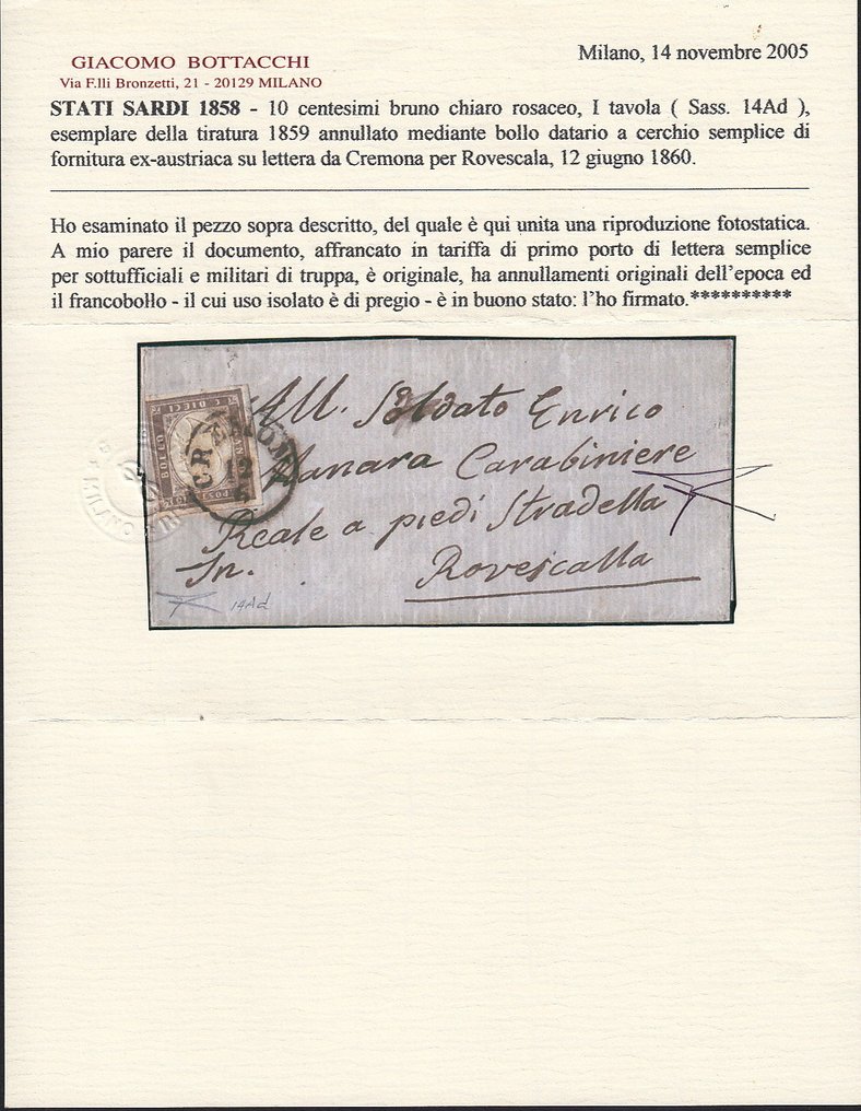 意大利古城邦-撒丁岛 1859 - 来自克雷莫纳的军事邮资信件，寄往罗韦斯卡拉，日期为1960年6月12日，邮资已用棕色玫瑰色的邮票10克朗贴付。 - Sassone n. 14Ad #3.2