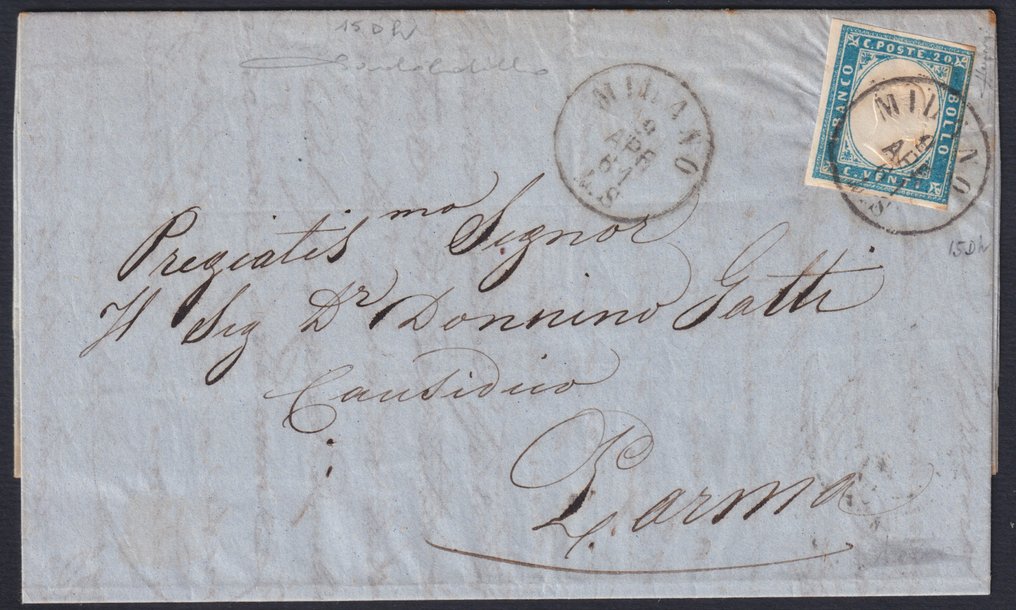 意大利古城邦-撒丁岛 1861 - 一封于1961年4月9日从米兰寄往帕尔马的信件，用明亮的钴蓝色邮票邮寄，邮票面值为20分，第二版。 - Sassone n. 15Dh #1.0