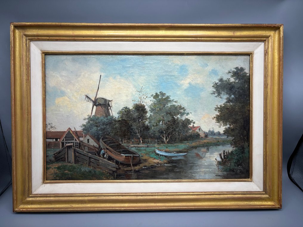 Alexandre René Veron (1826-1897) - Landscape with boats and windmill #1.0