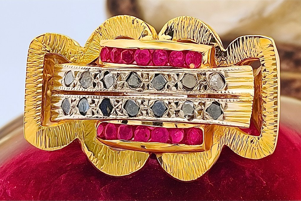 Ingen reservasjonspris - Ring - 9 karat Gull, Sølv Rubin - Diamant #2.1