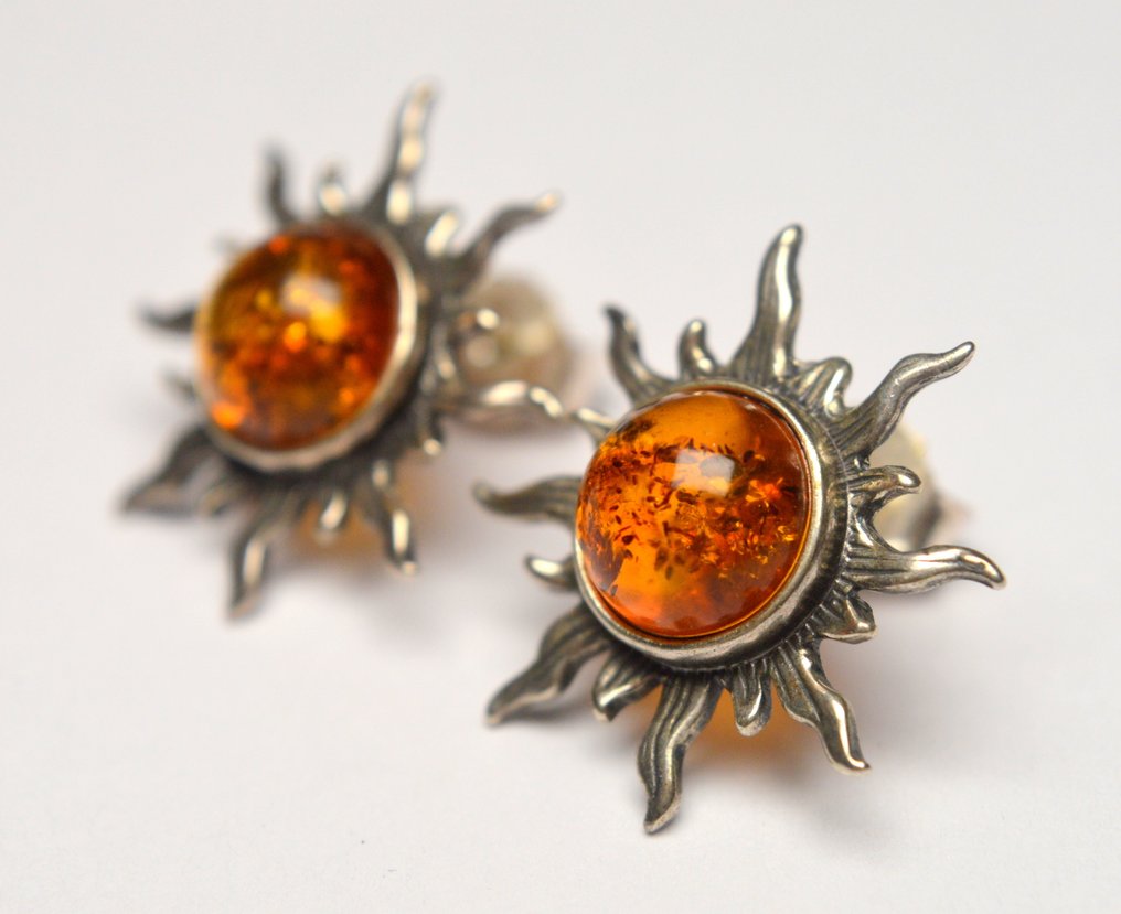 Amber - 925 Silver - Orange Baltic Amber Sun - Earrings #2.1