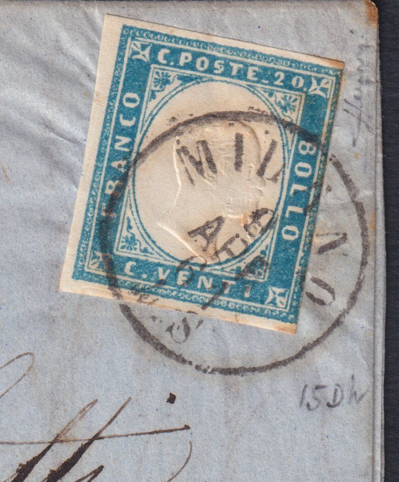 意大利古城邦-撒丁岛 1861 - 一封于1961年4月9日从米兰寄往帕尔马的信件，用明亮的钴蓝色邮票邮寄，邮票面值为20分，第二版。 - Sassone n. 15Dh #1.0