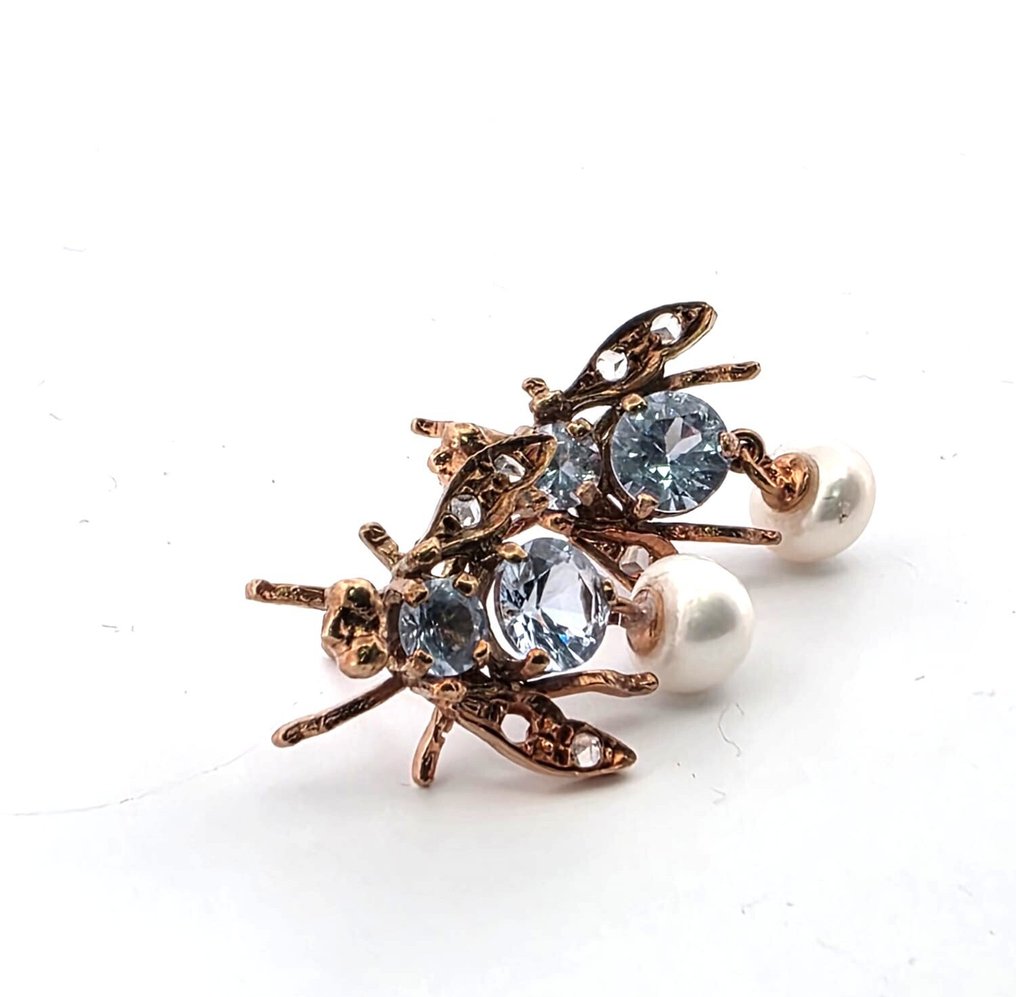 沒有保留價 - 耳環 - 9 節 玫瑰金, 銀 黃玉 - 鉆石 #1.0