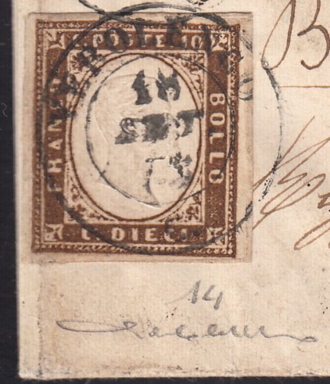 Αρχαία ιταλικά κράτη - Σαρδηνία 1858 - Επιστολή σε στρατιωτικό τιμολόγιο από το Verolengo προς το Alessandria 18/9/58 με c.10 terra d'ombra - Sassone n. 14 #1.0