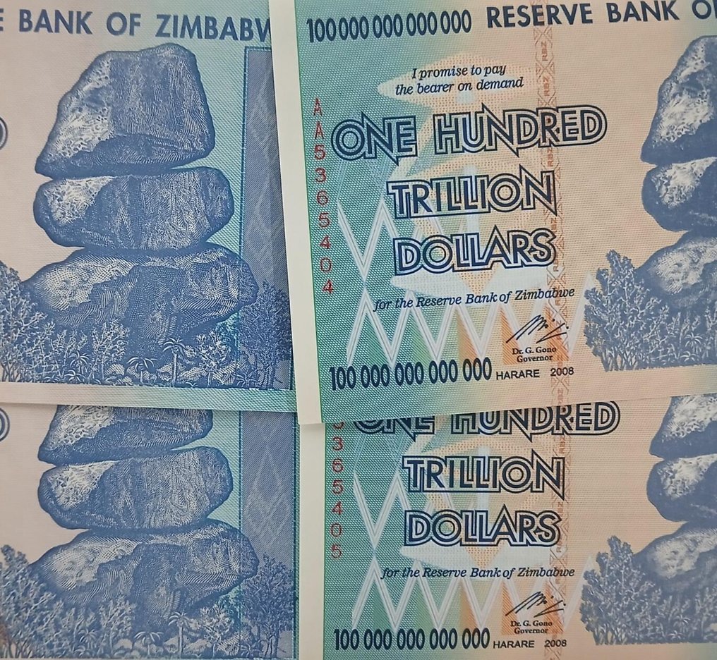 Zimbabwe. - 4 x 100 Trillion Dollars 2008 - Pick 91 - two genuine, two forgeries (No reserve price) #1.0